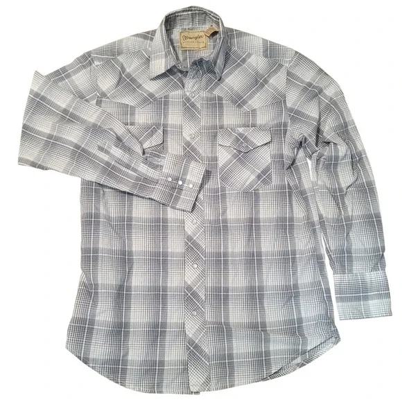 Lot of 2 Wrangler Shirt M Brown Gray Long Sleeve Pearl Snap Plaid Western Cowboy - Picture 3 of 8